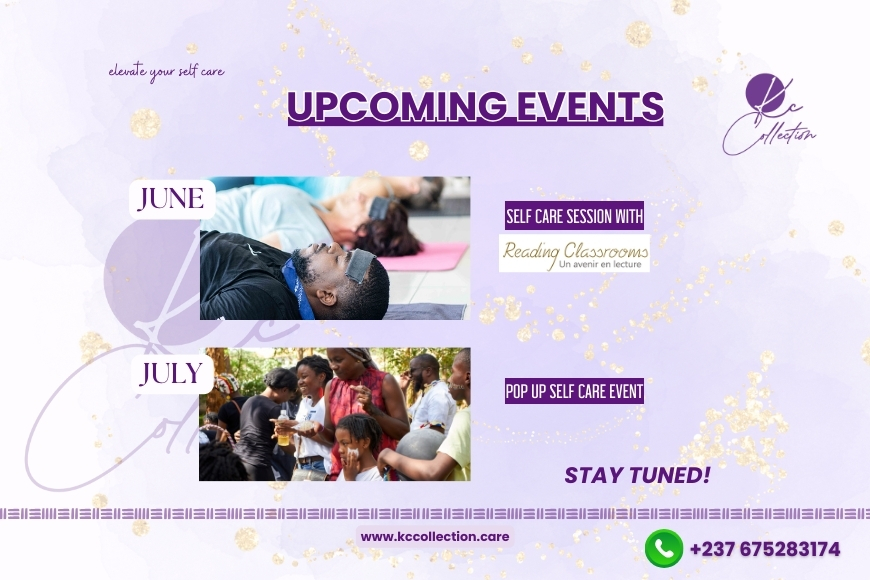 Celebrate Wellness Month with us! We're partnering with Reading Classrooms to offer free yoga classes when you buy their books. Join us in early July for our Pop-Up Self-Care Event featuring sales, exclusive goodies, and workshops. Follow us and Reading Classrooms for updates. Yoga sessions available in Yaoundé and Douala this month. Stay tuned!